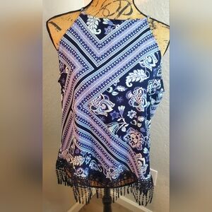 Soho Navy and White Patterned Halter Top with Fringe